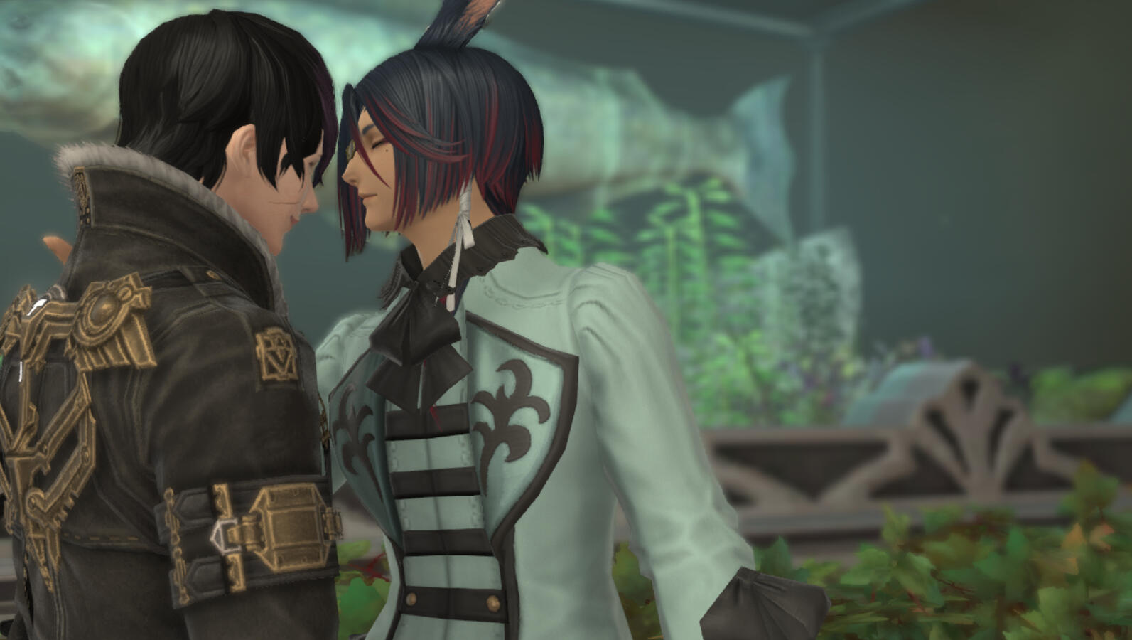 Getting a little shy in the Eorzean Aquarium.